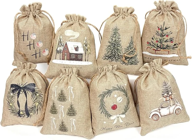 Beafaeur Bolsas Regalo Navidad Material de Yute 8 Piezas 15*20cm, Rellenable — Envoltorio regalo