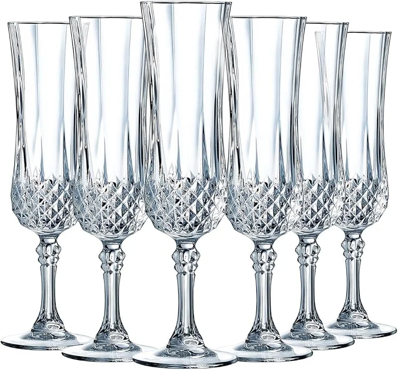 Cristal d'Arques Paris – Colección Longchamp – 6 flautas de champán 14 cl de Kwarx – Brillo, transparencia y alta resistencia – Molduras icónicas – Fabricado en Francia — Vino y mesa festiva