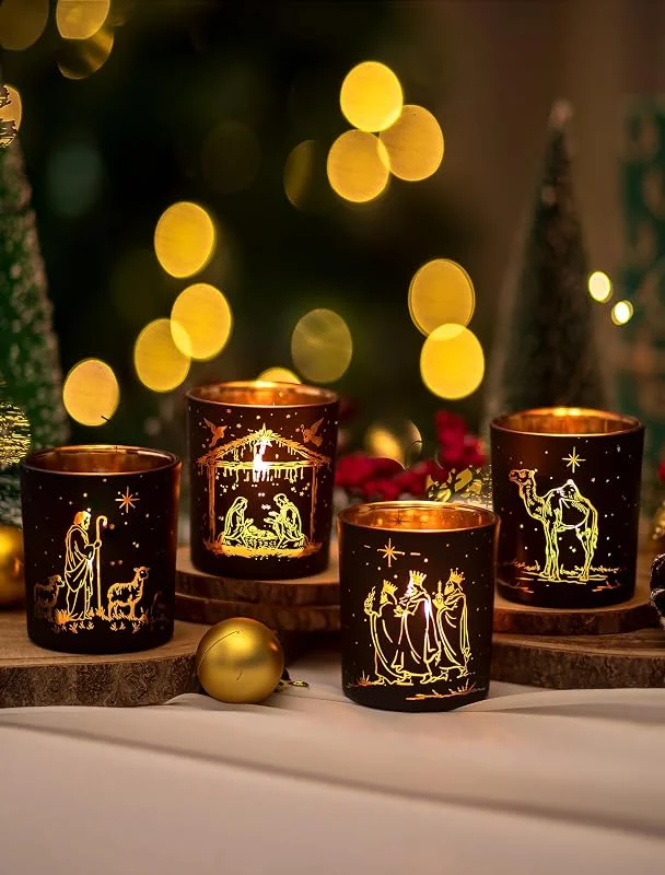 Romadedi Juego de 4 portavelas de Navidad para belén de Navidad, juego de 4 unidades, decoración interior con escena nativa, para decoración de mesa, salón, Adviento, ideal para decoración de Navidad — Adviento y mesa
