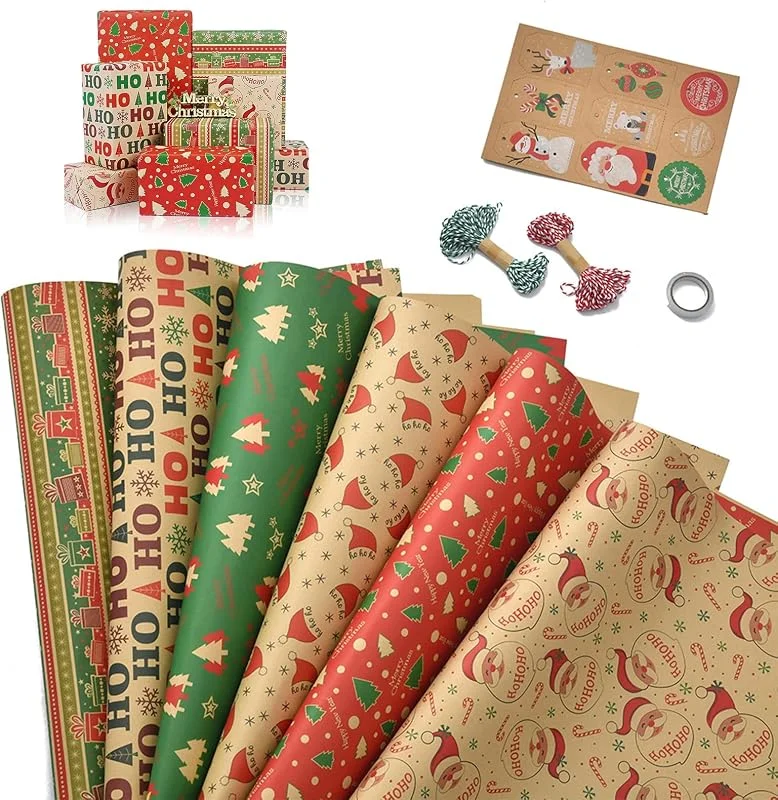 QEEROYO 6 Hojas Papel de Regalo Navidad, con Copos de Nieve, Papá Noel, Papel de Regalo de Papá Noel, con Etiquetas Regalo, Cuerda Algodon para Navidad, Año Nuevo, Fiestas, 70x50 cm — Envoltorio regalo