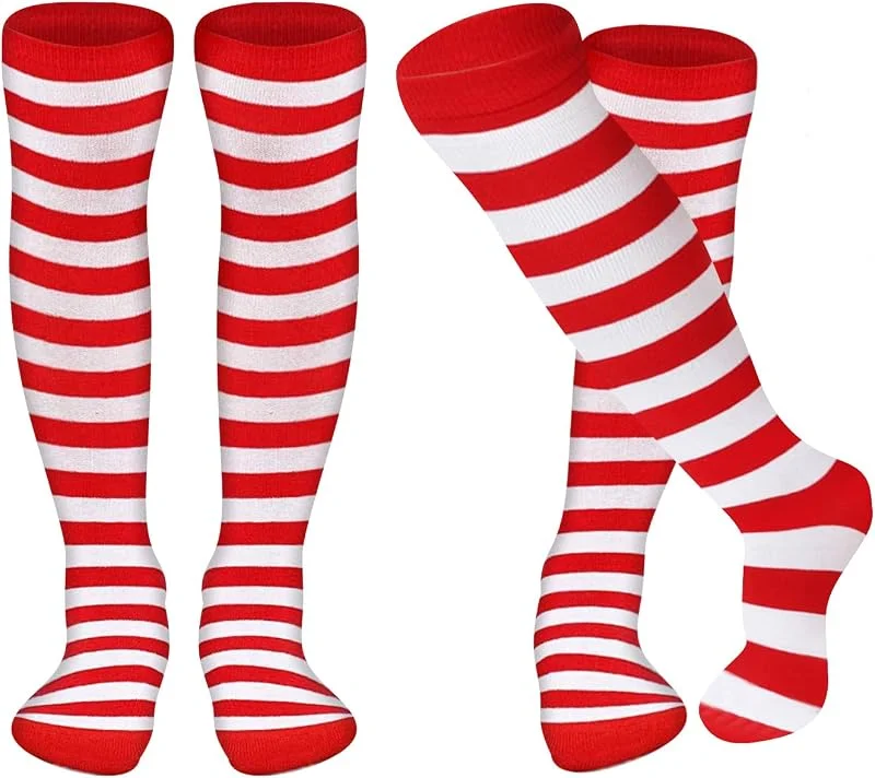 IHLOOTD Medias Rayas Rojas y Blancas 2 Pares Medias Elfo Niña Mujer Duende Navidad Leotardos Calcetines Mujer Altos Juegos de Rol, Reuniones Familiares, Celebraciones Navideñas — Ropa Navidad