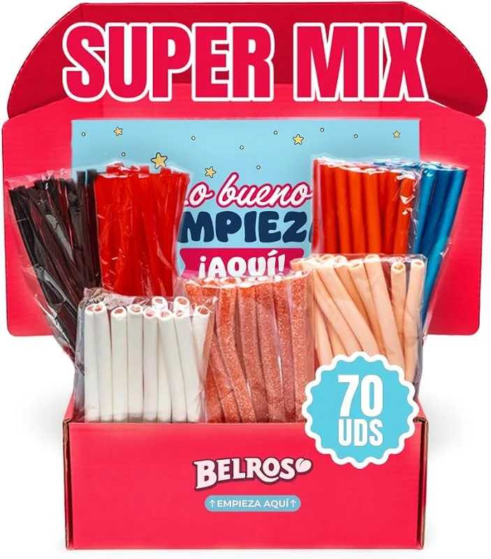 Visita la tienda de BELROS BELROS Pack Surtido Regalices 1, 8kg con 7 Bolsitas Mix Regaliz. Gominolas y Golosinas. Regalo Dia de la Madre. Caja Regalo Tapa Azul y Base Color Cereza. Ideal para Celebraciones, Cumpleaños y Fiestas — Envoltorio regalo