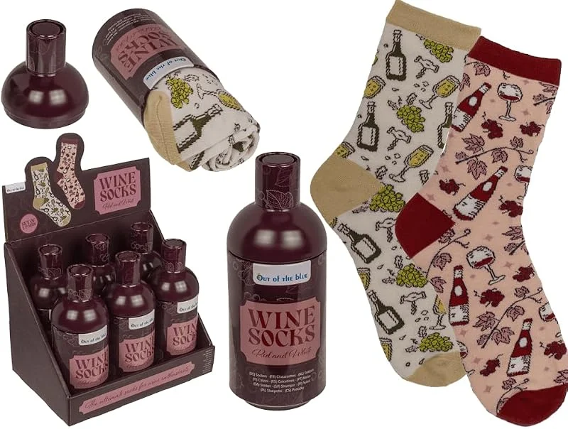 BLUECHOLON Calcetines de Vino, Rojo y Blanco, Set de 2 Pares, Presentados en Botella, Regalo Original — Decoracion Navidad