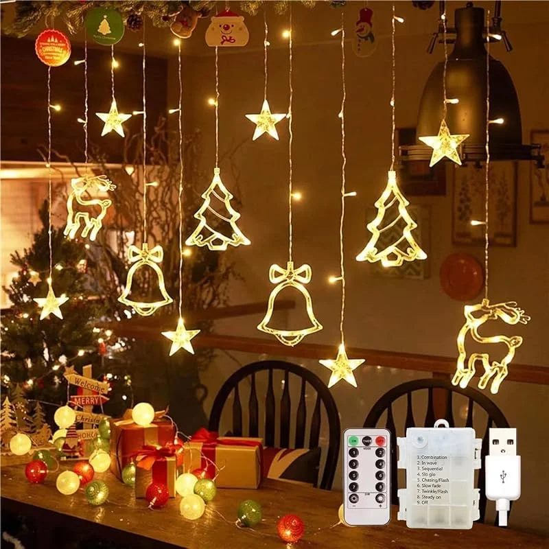 Visita la tienda de FemKey 3.5M Cortina de Luces Navidad, 120 LED Guirnaldas Luminosas Estrellas 8 Modes Pilas, USB IP44, Luces Cadena de Ventana Interior Exterior, Decoración de Navidad Balcón, Fiesta (Moderno) — Decoracion Navidad