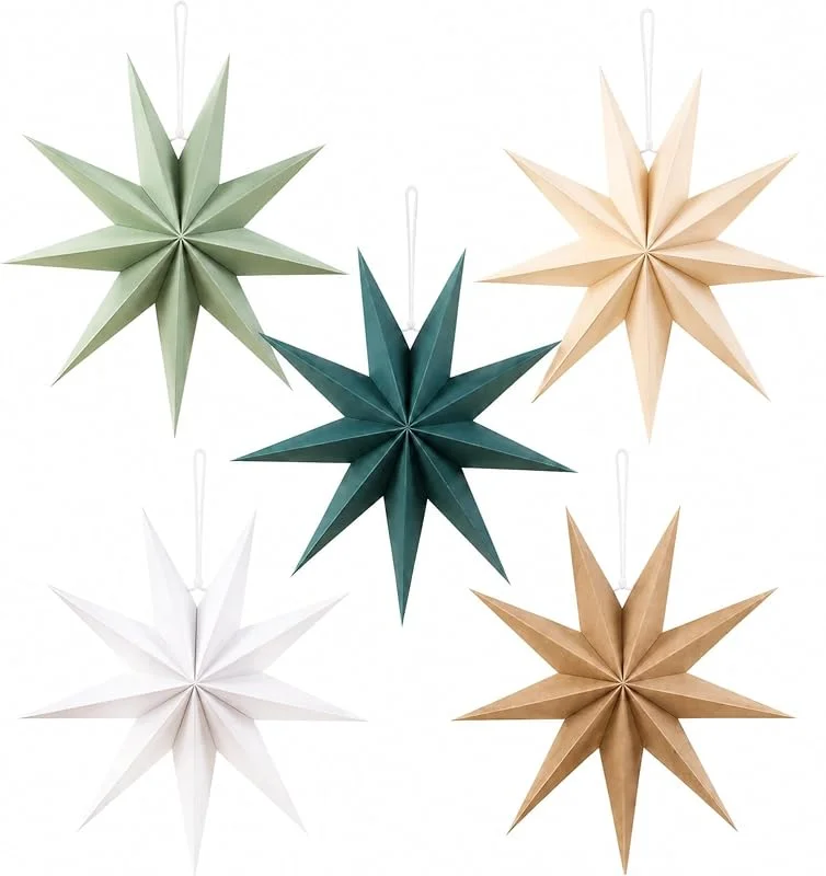 GgiAvbn 5 estrellas de papel de Navidad de 30 cm, estrellas de papel para colgar, 9 puntas en verde oscuro, rojo y papel kraft, decoración navideña para árbol de Navidad, ventanas, pared, decoración — Decoracion Navidad