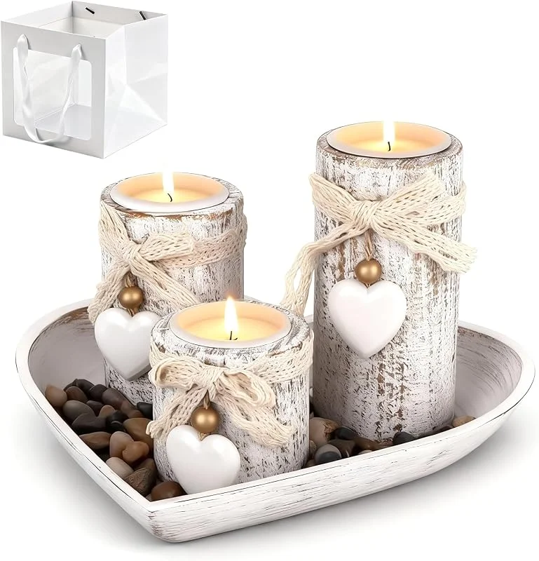 Alyxen Portavelas de Madera para Velas de te + Piedras Naturales Energéticas, Portavelas de Madera con Bandeja, 3 Velitas Tealights, Ideal para Decoración Centro de Mesa, Salón, Comedor, Terraza, Hogar — Cena a la luz de velas