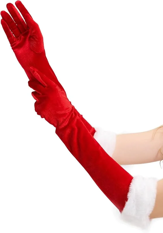 IHLOOTD Guantes Largos de Terciopelo Rojo, Guantes Largos Navidad para Mujer, Vintage Guante Rojo, Accesorio de disfraz para Navidad, Halloween, Carnaval y Fiestas — Ropa Navidad