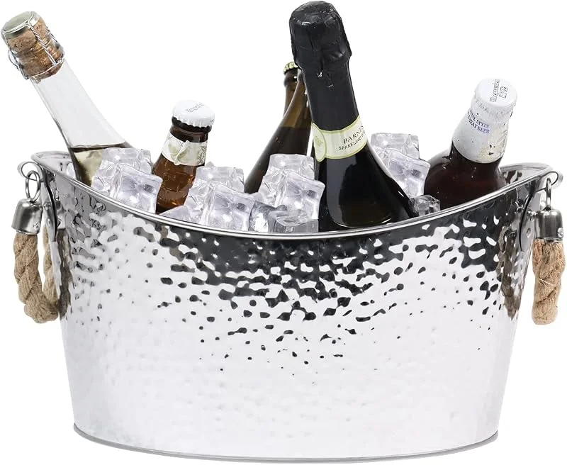 Qaziuy Cubo de hielo de acero inoxidable de 8 L, cubo de hielo grande con asas de cuerda de cáñamo, cubo de bebidas para fiestas, bodas y bares — Vino y mesa festiva