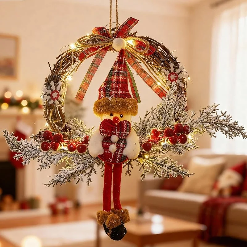 KIKVTER Corona para puerta de Navidad, 35 cm, LED, decoración para puerta, con luz LED, corona de Navidad, muñeco de nieve, corona de ratán, decoración navideña para puerta de casa, pared, ventana — Decoracion Navidad