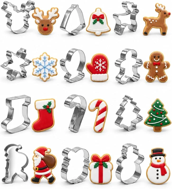 BIVYAX Cortadores de Galletas Navidad, 12 Piezas Acero Inoxidable, Moldes Galletas Navideñas Resistentes y Nítidos para Hornear Árbol, Copo Nieve, Papá Noel — Hogar y cocina