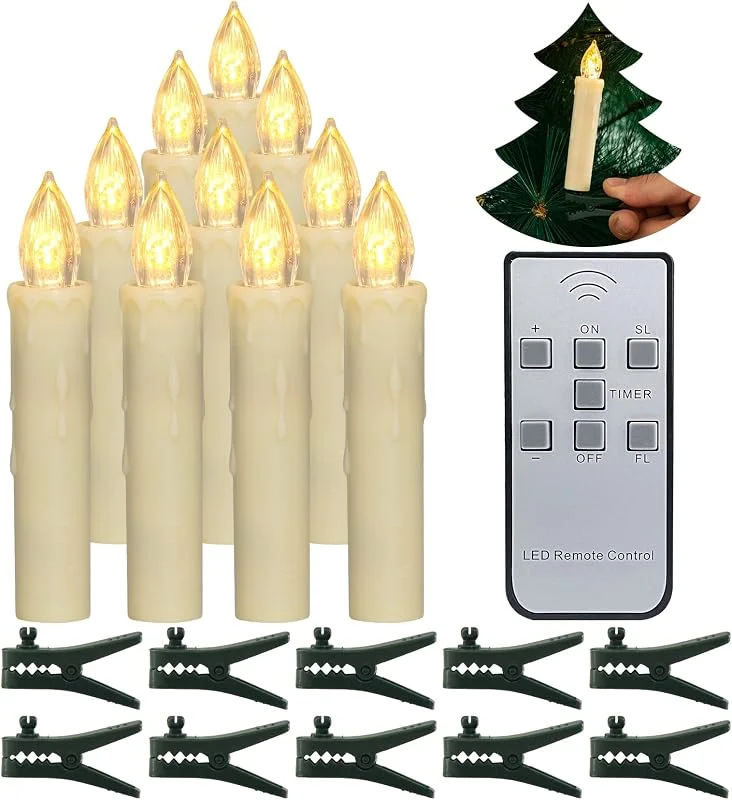 Visita la tienda de PChero PChero Velas para arbol de Navidad, 10 Velas cónicas de batería parpadeantes sin llama LED con control remoto para la fiesta en el hogar Decoración de árboles de Navidad al aire libre en interiores — Luces Navidad