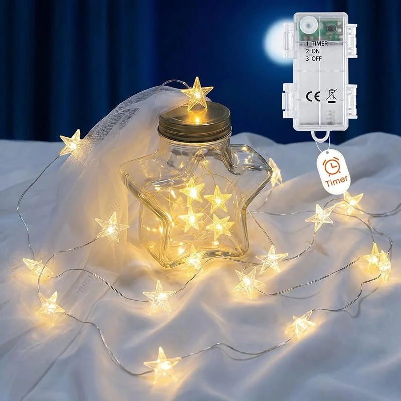 Afaiup Guirnalda de luces de estrella a batería, 2 m, micro 20 LED, funciona con pilas, temporizador IP65, alambre plateado, luces de hadas para árbol de Navidad, cumpleaños, fiesta de San Valentín — Decoracion Navidad