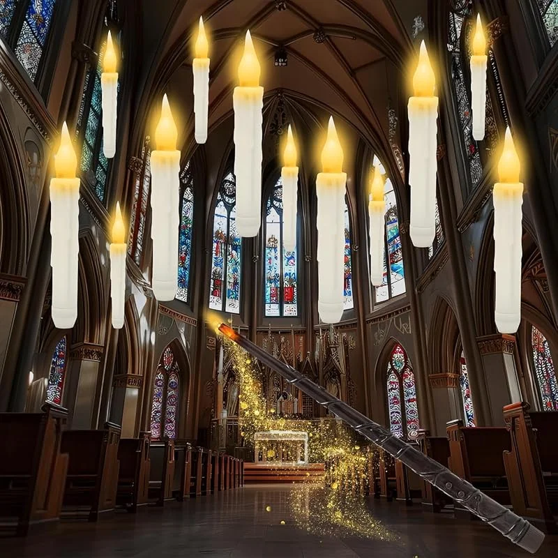 Yuragim Velas Flotantes con Varita, 12 Navidad velas Floating Mágicas Candles, Luces LED a Pilas Velas sin llama que Eléctrica Parpadeantes Decoración de casa, iglesia, fiesta, Halloween Navidad — Luces Navidad