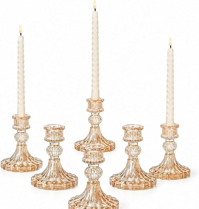 Haoppmof Candelabro de cristal, dorado, portavelas transparente, para velas — Cena a la luz de velas