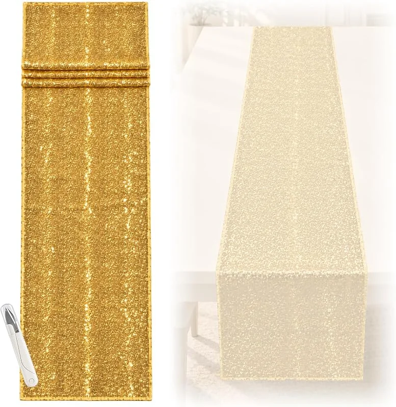 Vunqelor 30 x 180 cm Camino de Mesa con Lentejuelas, Oro Poliéster, Corte Libre con Cutter, Decoración para Bodas, Navidad, Fiestas — Hogar y cocina