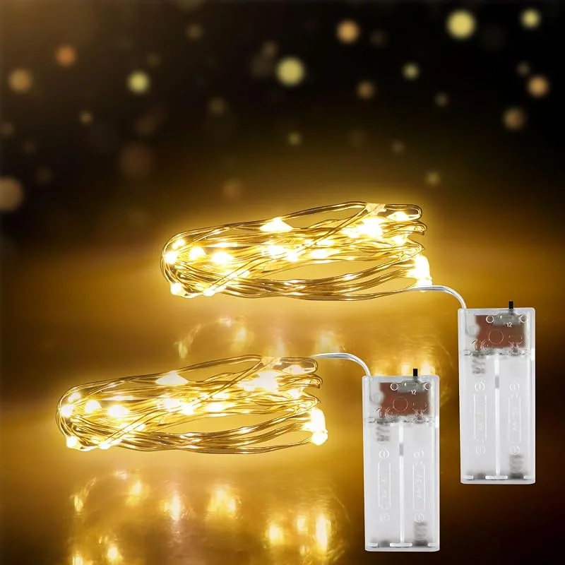 Caldarax Paquete de 2 Guirnalda Luces Pilas Blanco Cálido, 2 Metros 20LED Plata Alambre, 2 Modos de Iluminación, Impermeable, Mini Luz de Cadena, para Decoración Navidad, jardines, fiestas, Balcón, Bodas — Luces Navidad