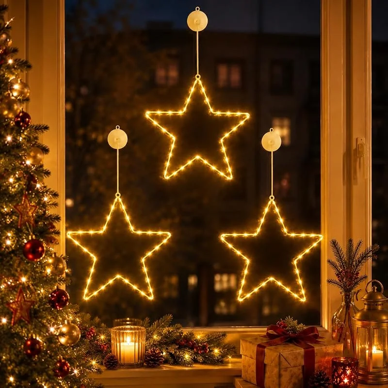 Kimuwote Luces Navidad Estrellas, 3 Piezas Estrella de Navidad 20 LED a Pilas, Timer — Decoracion Navidad
