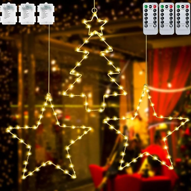 Ulikey Luces de Navidad para Ventana, 3 Piezas 40 LEDs Cortina de Luces con Estrellas, 8 Modos Navidad Decoración Luces con Temporizador, para Exterior Jardín Árbol Navidad Decoración (Luz Cálida) — Decoracion Navidad