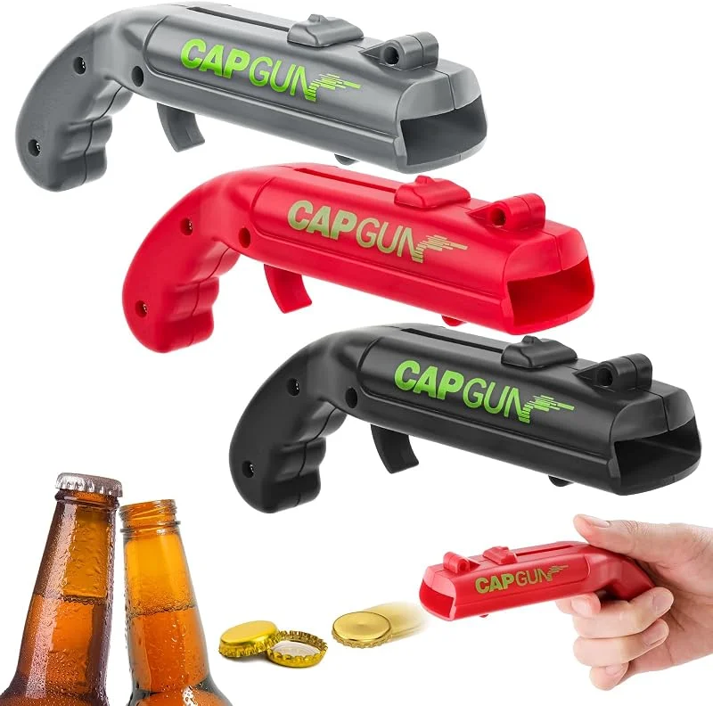 Gulxwis 3PCS Abrebotellas, Abridor de Cerveza Divertidos, Abridor de Cerveza Botellas Cap Gun con Pistola para Fiestas en Casa, Barbacoa al Aire Libre, Juego Creativo, Regalo Divertido (Rojo+Gris+Negro) — Vino y mesa festiva