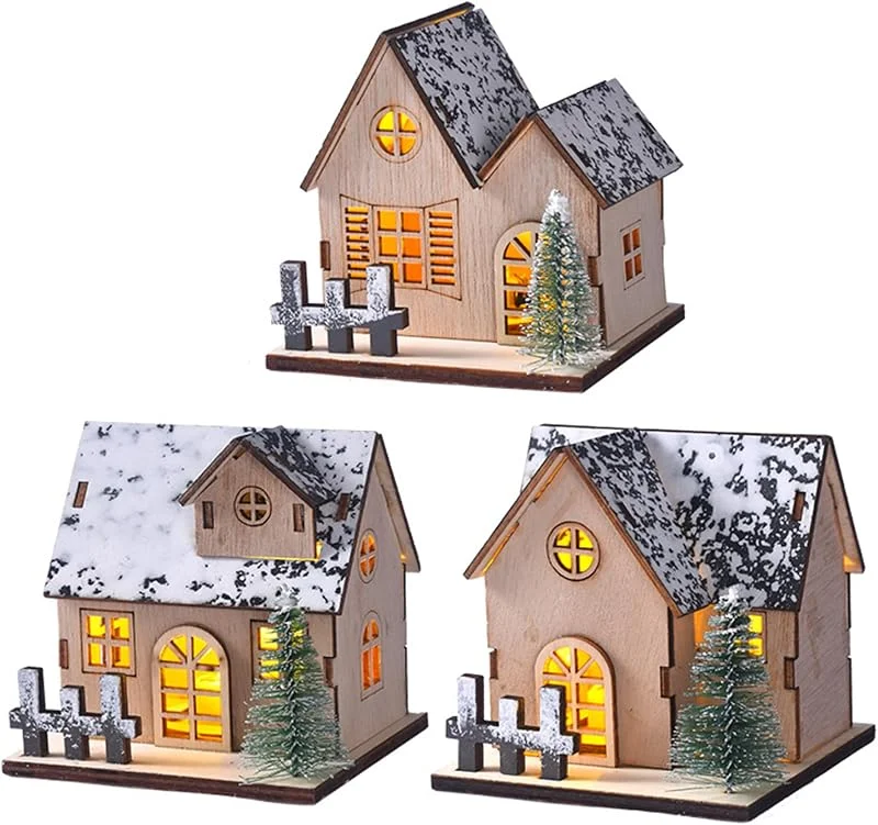 Gcroet Casas de Pueblo navideñas, 3 Unidades, Juego, Techo de Nieve de Madera Iluminado, Pueblo navideño con decoración de árbol para centros de Mesa de Navidad, decoración del hogar de Vacaciones. — Decoracion Navidad
