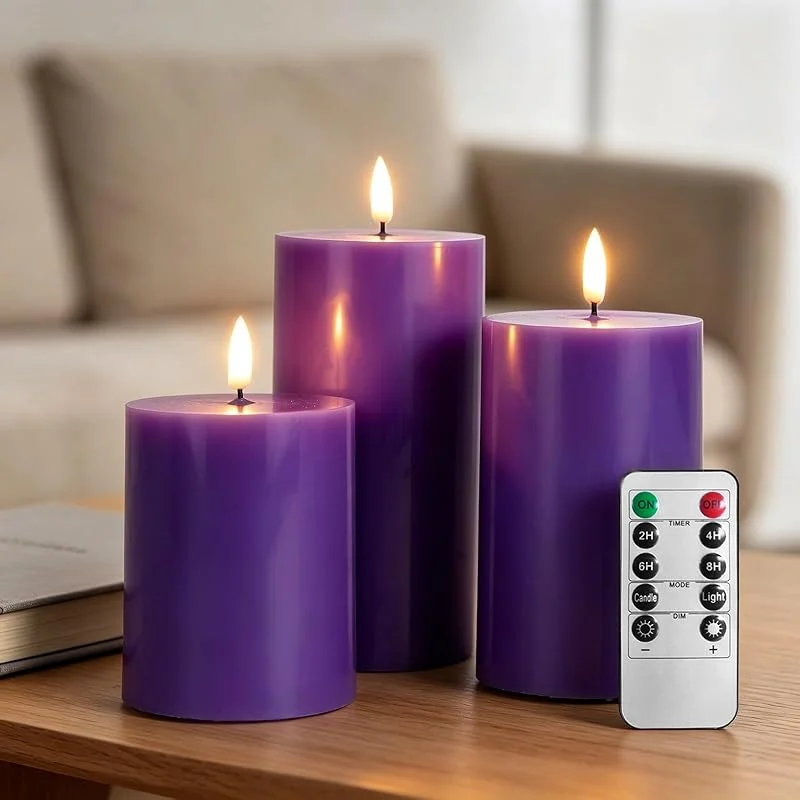 RosMank Juego de 3 Velas LED con Mando a Distancia de 10 Botones, sin Llama, con Llama Parpadeante, Cera Real Suave, Decoración para Navidad, Cumpleaños, Boda y Fiesta, Morado — Cena a la luz de velas