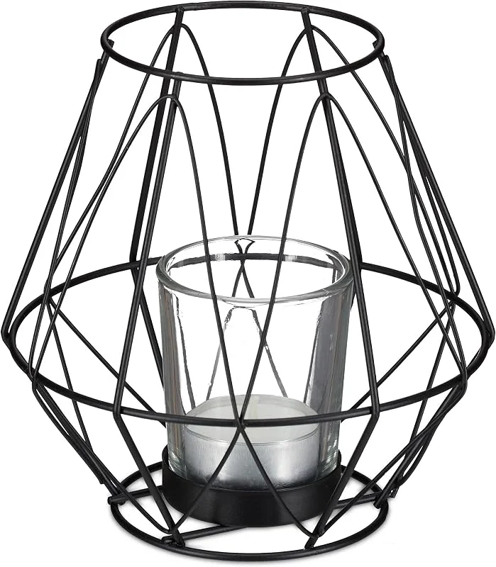 Visita la tienda de Relaxdays Relaxdays Portavelas Rejilla, Diseño Geométrico, Soporte Velas, Vaso Cristal, Metálico, Decoración Mesa, 14x14 cm, Negro — Cena a la luz de velas