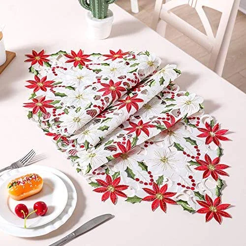 KAHEIGN 38cm x 176cm Corredores De Mesa Navideños, 2 Lados Sabana De Algodon Bordado Camino De Mesa Poinsettia Y Holly Leaf Mantelería para Decoración De Mesa De Boda Decoraciones De Navidad — Hogar y cocina