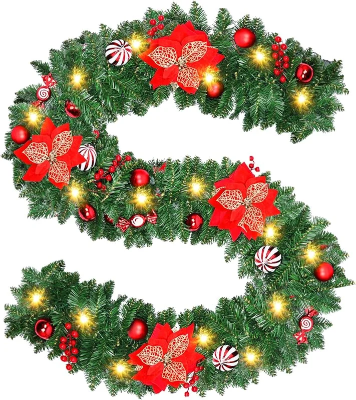 Timiyou Guirnalda Navidad 2.7M con 30 Luces LED y Temporizador, Artificial de PVC Estilo Pino, Abeto, Impermeable para Interior, Exterior, Decoración de Chimenea, Escalera, Puerta para Fiestas Navideñas — Decoracion Navidad