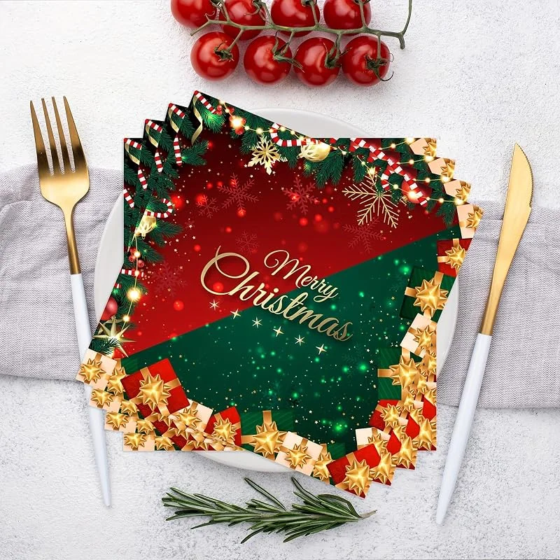 20 servilletas rojas y verdes de Navidad, perfectas para cenas de Navidad, fiestas de cumpleaños o reuniones de vacaciones, con copos de nieve — Adviento y mesa
