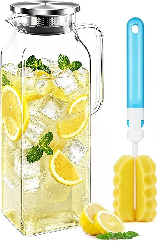Jinfanshurich Jarra de cristal de 2 litros con tapa, jarra de agua de cristal para puerta de frigorífico, jarra de agua cuadrada para bebidas frías y calientes, jarra para agua, zumo, té helado, té y vino (cuadrado — Vino y mesa festiva