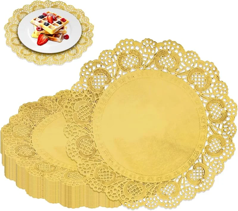 WEINIBAO 50 PCS Papel de encaje Dorado, Manteles Redondos y Posavasos para Bodas, Cumpleaños y Decoración — Hogar y cocina