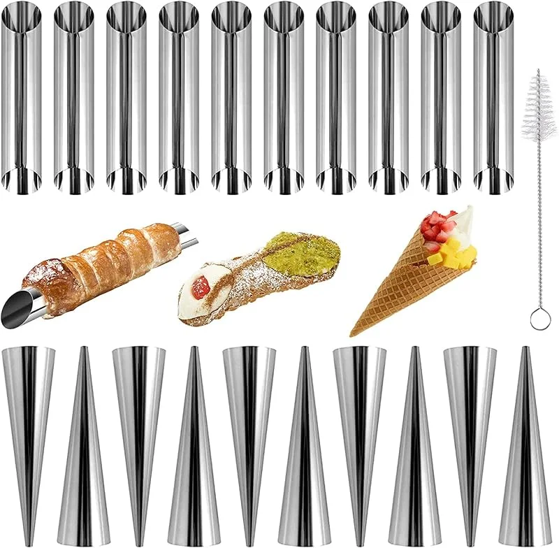 XSEXO Moldes de Cannol - molde de acero inoxidable, forma de rollo de panqueque, molde de croissant, molde de croissant de tubo de panqueque cónico con cepillo de limpieza — Hogar y cocina