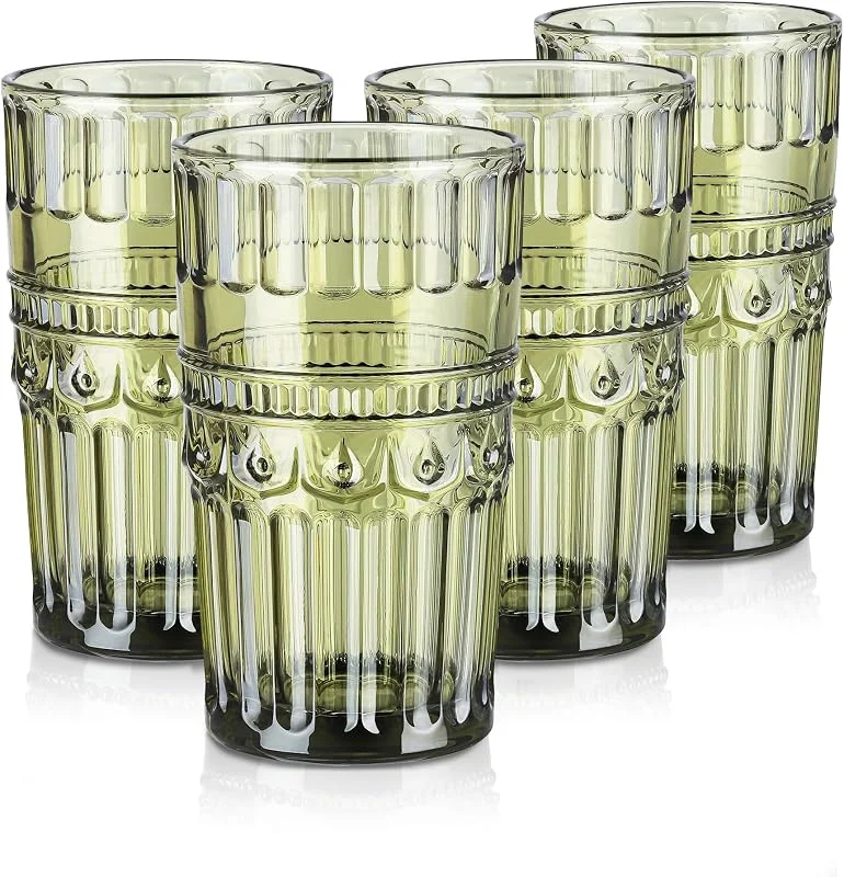 Visita la tienda de Joeyan Joeyan 400ml Vasos de Cristal agua Colores, Juego de 4 Verde Vasos Altos de Vidrio con Relieve Geométrica, Decoración Modernos Cristalería para Refrescos, Café, Té, Cerveza, Leche, Cócteles, Apto Lavavajillas — Adviento y mesa