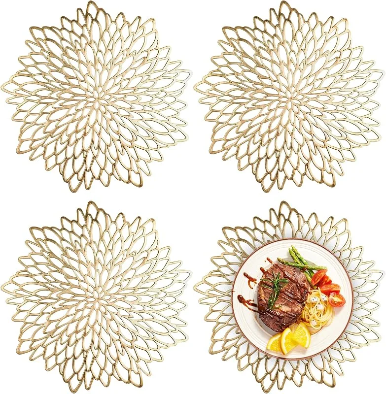 YUEXNKO Manteles Individuales Ø 38cm 4 PCS Manteles Individuales Lavables Salvamanteles Individuales Redondo MantelesIndividuales Huecos de Oro Flor Resistentes al Calor para Navidad, Boda, Vacaciones, Fiesta — Hogar y cocina