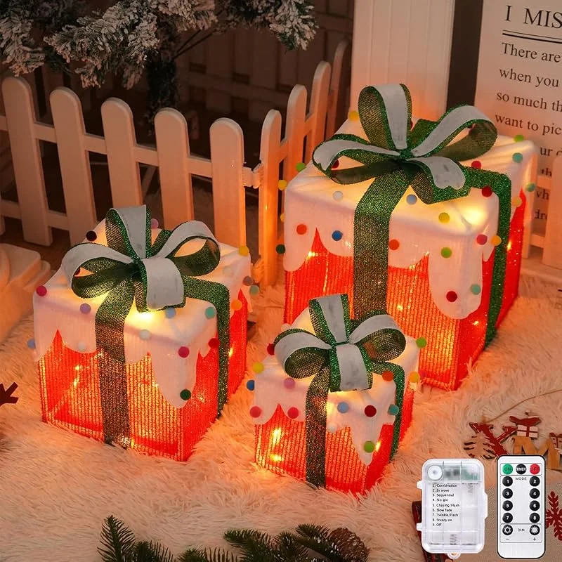 Visita la tienda de Arespark Arespark Juego de 3 Cajas de Regalo con Luces, 50 LED Luces de Navidad con Temporizador, 8 Modos Caja de Navidad con Luz, IP44 decoracin de Navidad árbol, para Habitacion, Ventana, Fiesta — Envoltorio regalo