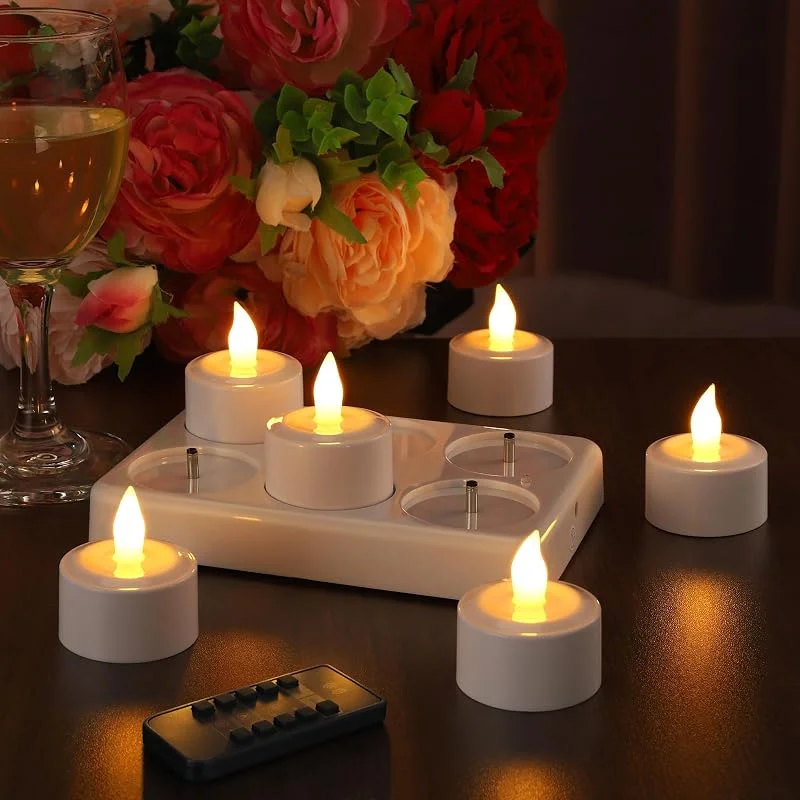EXTSUD Juego de 6 velas LED recargables con luz de vacío con estación de carga y mando a distancia, decoración para Navidad, cumpleaños, boda, cena, restaurante hotel — Cena a la luz de velas