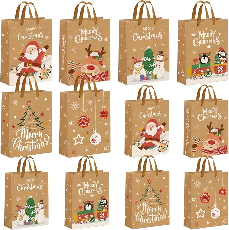 WUQNGI 12 Piezas Bolsas Regalo Navidad, Grandes, Pequeñas Bolsas Navidad Kraft, Sacos Natal Papel con Asas, Bolsas de Regalo Navideñas para Presente Envoltorio (32x25x11, 5cm, 27x21x11, 5cm) — Envoltorio regalo