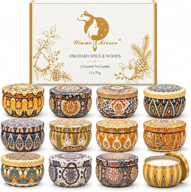 Visita la tienda de Yinuo Mirror Yinuo Mirror Set de 12 Velas Aromáticas, Cera de Soja de 70 g en Lata, Aromas Especiados, Frutales y Amaderados para Otoño e Invierno, Navidad y Cumpleaños, para Mujer — Adviento y mesa
