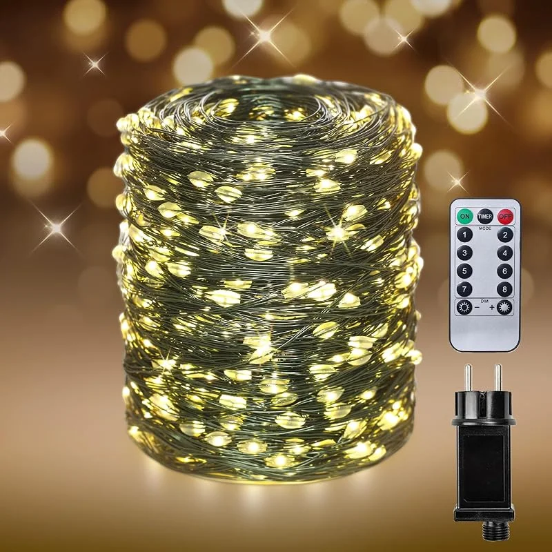 RESNICE Luces de hadas exteriores extra largas, impermeables, 60m 600 LED, cadena de alambre verde con control remoto, blanco cálido para árbol de Navidad, patio, jardín y bodas — Luces Navidad