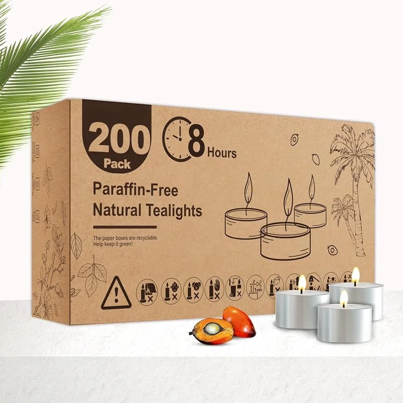 Hypmis Velas de Té de Cera Vegetal de Palma – Pack de 200, Hasta 8 Horas de Combustión Estable, Blancas, Sin Perfume, Sin Humo ni Goteo, para Cena y Ambiente Romántico — Cena a la luz de velas