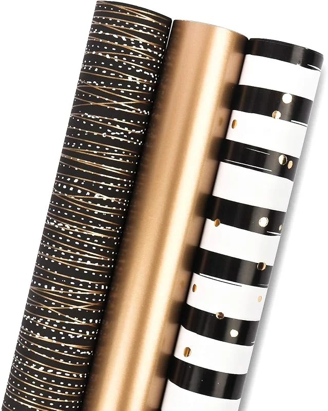 Visita la tienda de RUSPEPA RUSPEPA Rollo de Papel de Regalo - Mini Roll - 3 Diseños Diferentes de Rayas de Oro Negro (42, 5 Pies Cuadrados Ttl.) - 43, 2 cm x 3, 05 m Por Rollo — Envoltorio regalo