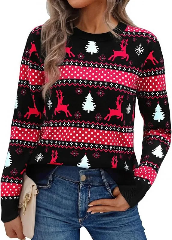 Visita la tienda de Aseniza Aseniza Jersey Navidad Mujer Suéter de Punto Manga Larga Jerseys Navideños Ugly Christmas Sweater Invierno Cuello Redondo Patrón de Fawn — Ropa Navidad