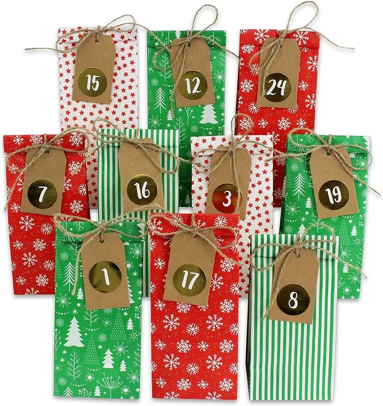 Papierdrachen Calendario de Adviento DIY para rellenar - 24 bolsas de regalo impresas y 24 pegatinas de números y clips - motivo rojo verde - para trastear y regalar - Navidad — Envoltorio regalo