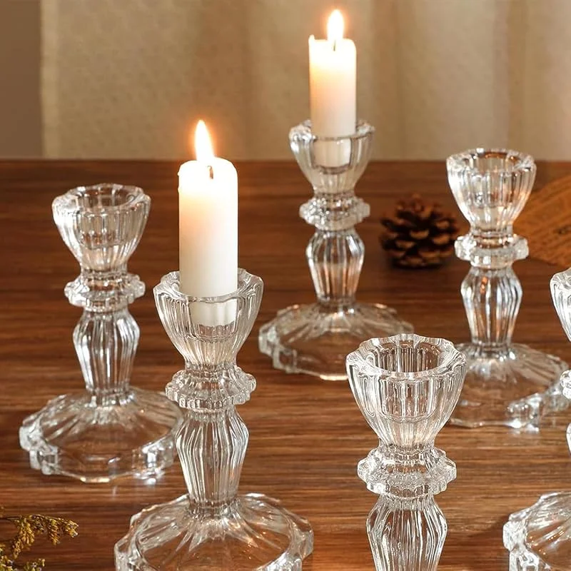 Jinavoty Candelabro de Vidrio, candelabro de Vidrio para la Fiesta de cumpleaños de la Boda de Navidad (Claro, 4 Paquetes) — Cena a la luz de velas