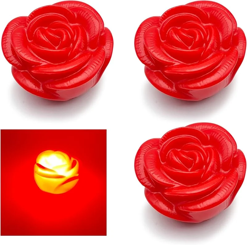 Leddy Living Juego de 3 rosas LED rojas de 6 x 6 cm, decoración romántica, luces cálidas decorativas para mesa, baño y dormitorio, ideales para cenas, bodas, San Valentín, regalo de amor, marcador de — Cena a la luz de velas