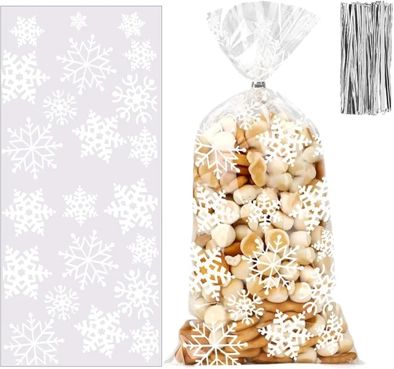 RIBSUQA 100 Piezas Bolsa Celofán Navidad, Bolsas De Galletas Transparentes Copo de Nieve Blanco con Lazos de Torsión, Papel Regalos Navideños Decoraciones para Galletas Chocolate Gominolas — Envoltorio regalo