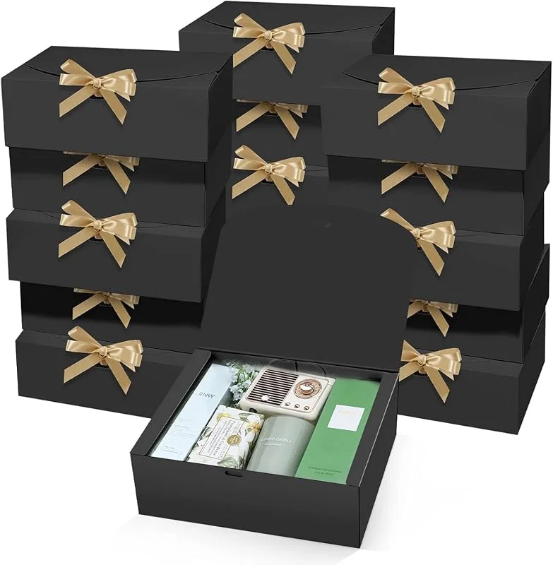LATERN 15 Piezas Cajas de Regalo con Tapas, 25CM x 20CM x 10CM Negro Caja de Regalo de Papel Kraft Caja de Propuesta de Dama de Honor con Cinta Plateada para Boda Cumpleaños Navidad Presente Embalaje — Envoltorio regalo