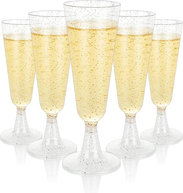 AKOLAFE 100 Piezas Copas Plástico Duro, Copas de Plástico para Champan 160 ml, Flautas con Purpurina Plateada y Base Desmontable para Cava, Bodas y Fiestas — Vino y mesa festiva