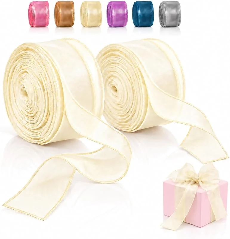 Nasxkji 2 Rollos x 36, 6 m Cinta Raso Beige Cinta de Organza Transparente — Envoltorio regalo