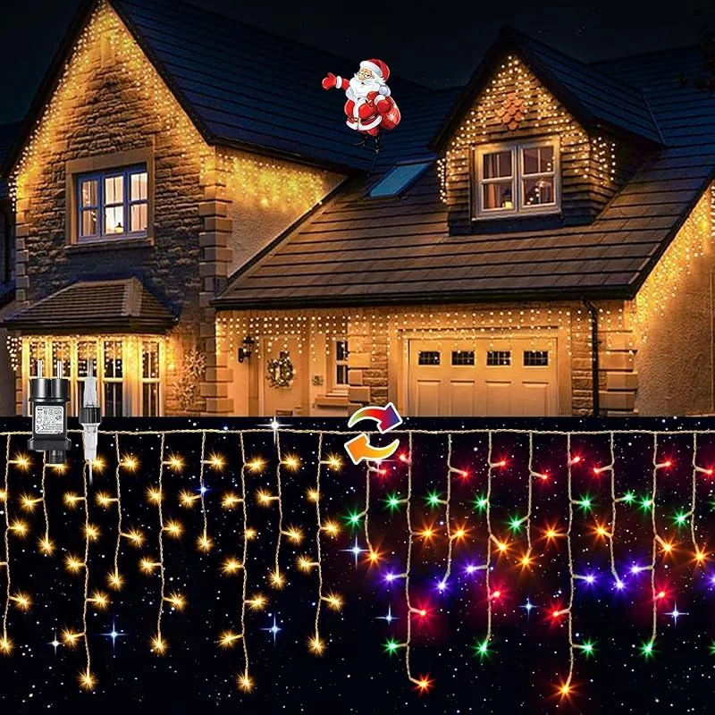 Visita la tienda de Elegear Elegear 10m 400 LED Cortina Luces Navidad Exterior con Enchufe, Guirnaldas Carámbano Luces Prolongable, 8 Modos Cadena Luz para Natal Boda Fiestas Casa Patio Balcón, bunt, Cálido y Colores